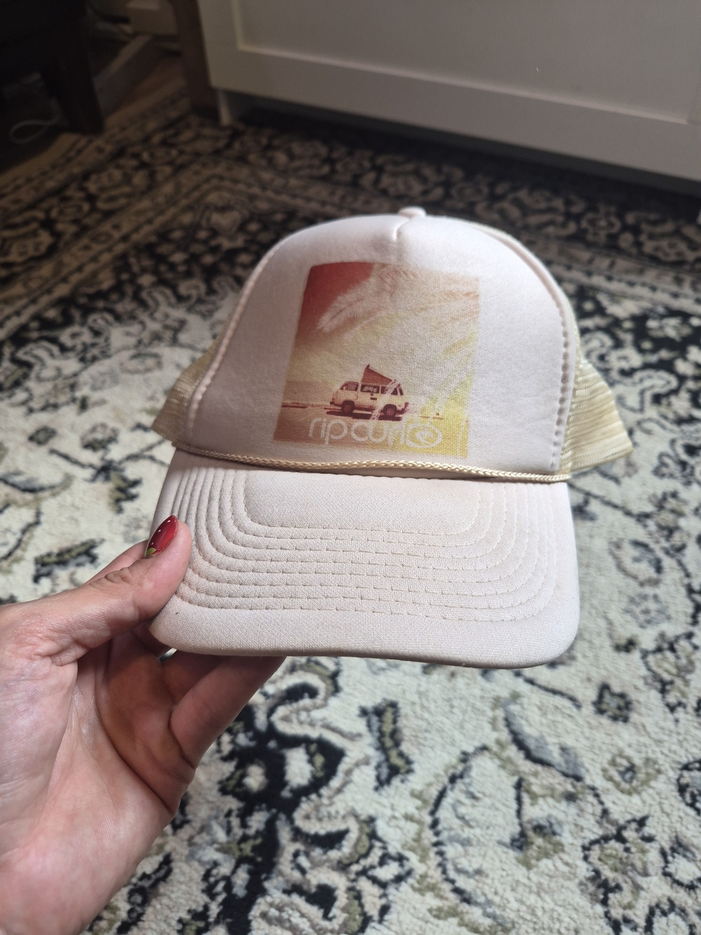 Rip Curl Beige Mesh Trucker Hat with Sunset Graphic